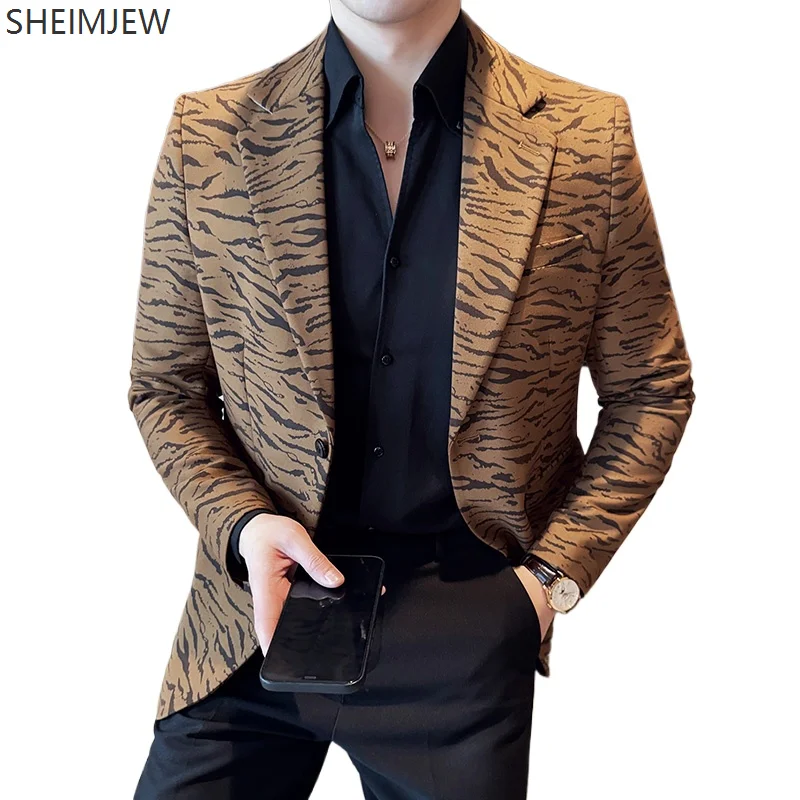 Fashion Leopard Print Design Suit Jacket Men Coffee Color Stylish Slim Casual Business Suit Jacket Party Suit Wedding Party Gown