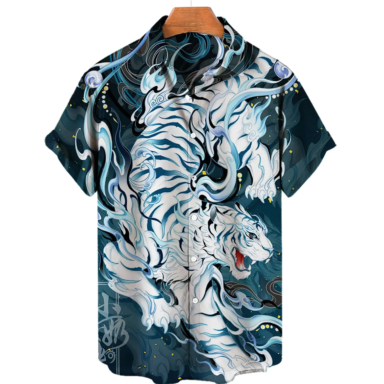 Top masculino de manga curta com gola flip, camisa 3D animal tigre, roupa de praia havaiana, elegante e legal, grande, novo, verão