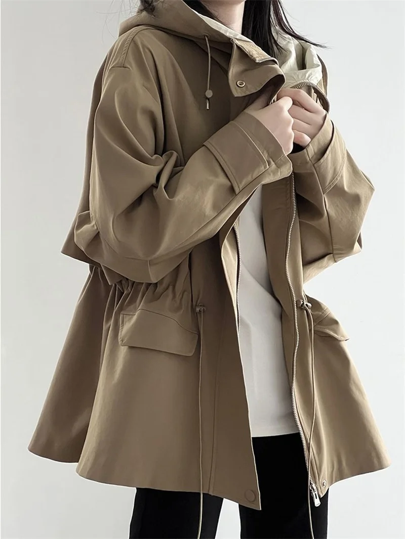 

Khaki Hooded Trench Coat Women's Autumn Winter New Mid-length Overcoat Retro Casual Loose Windproof Windbreaker Outwear Female