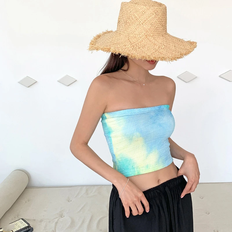 2025 Nuovo bikini a fascia da donna diviso in due pezzi costume da bagno tinta unita a vita media bikini per studenti tie dye crop top abbigliamento da spiaggia coreano