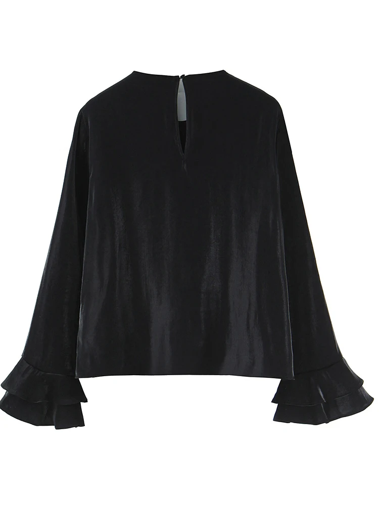 Damska satynowa bluzka 2025, damska, jesienna, nowa moda, dekolt okrągły, długi rękaw, falbana na dole, koszula damska, styl high street, luźne topy.