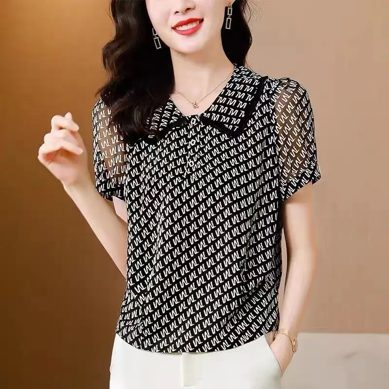 Camisa vintage com colarinho Peter Pan, babados elegantes, camisa emendada, solta, casual, botão estampado, roupa feminina, blusa de manga curta,
