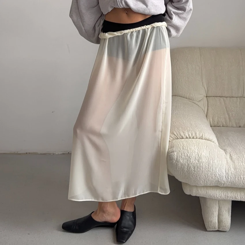 Linad Elegant Beige Sheer Midi Straight Skirts Women Street Chic Loose Elastic Waist Skirts 2026 Casual Black Mid-Calf Skirt