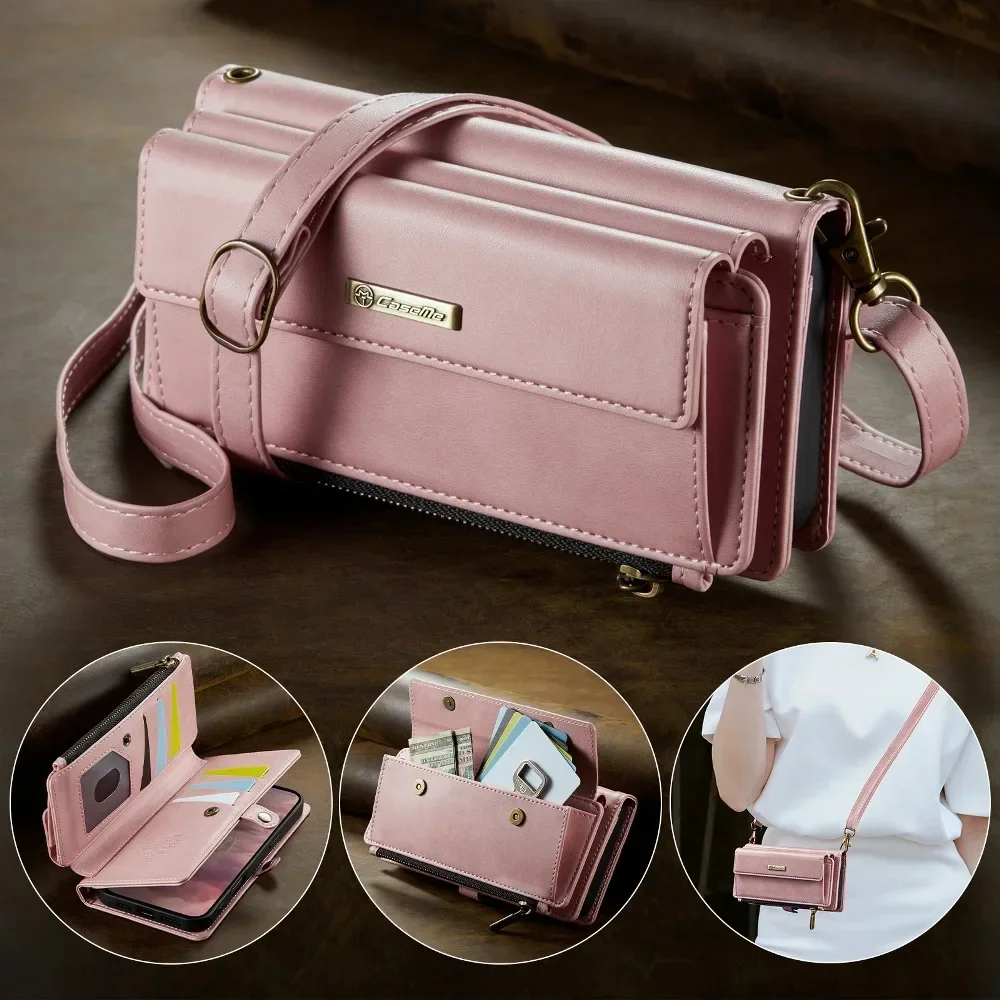 

Multi Functional Wallet Case Flip Cover for iPhone 17 Air 16 15 14 13 12 11 Pro Max 6 7 8 Plus with Shoulder Strap & Wrist Strap