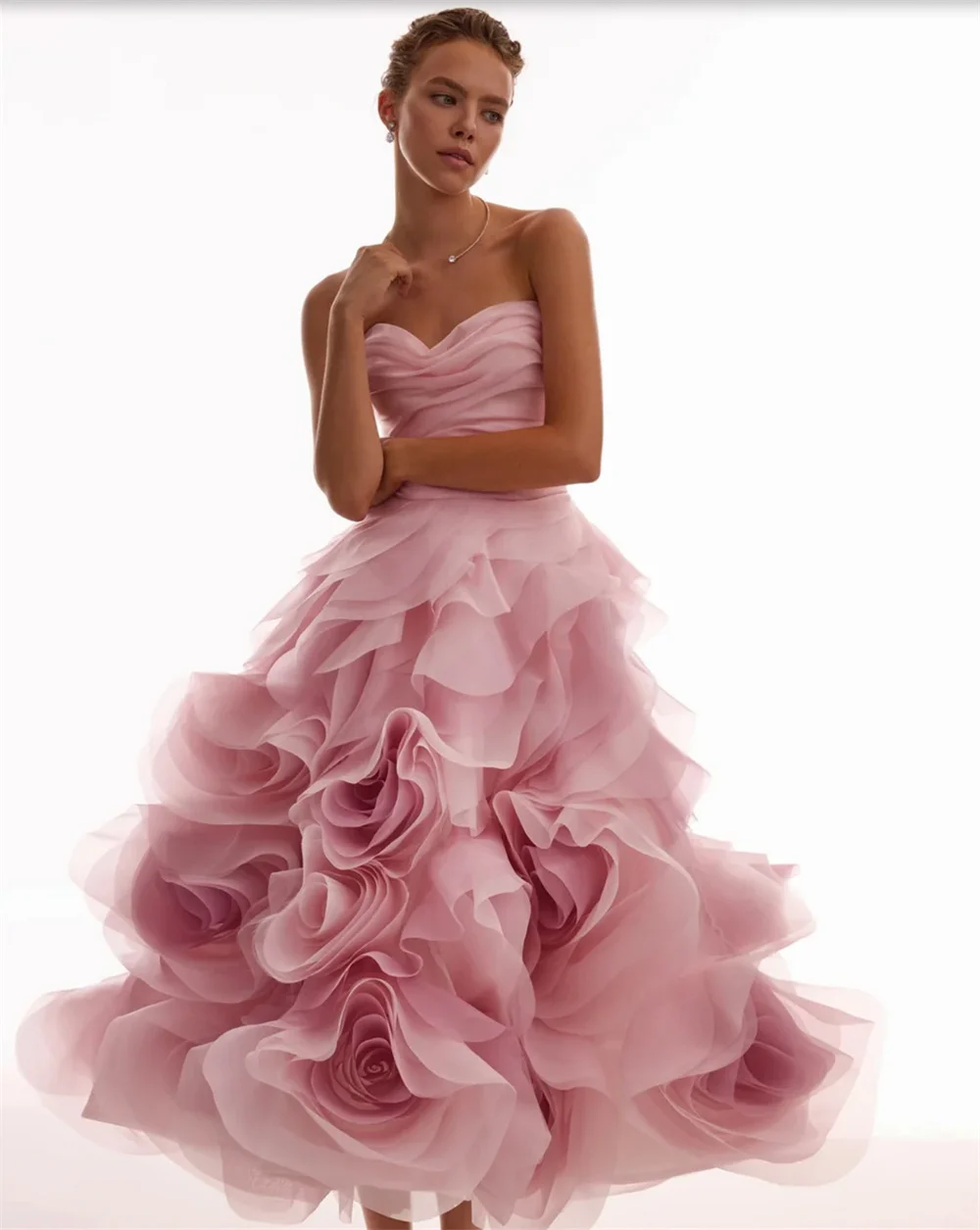 Contessa Custom Pink Strapless Evening Dress Sweetheart Ruched Prom Dresses 3D Rose Vestidos De Noche Organza Formal Evening image 6