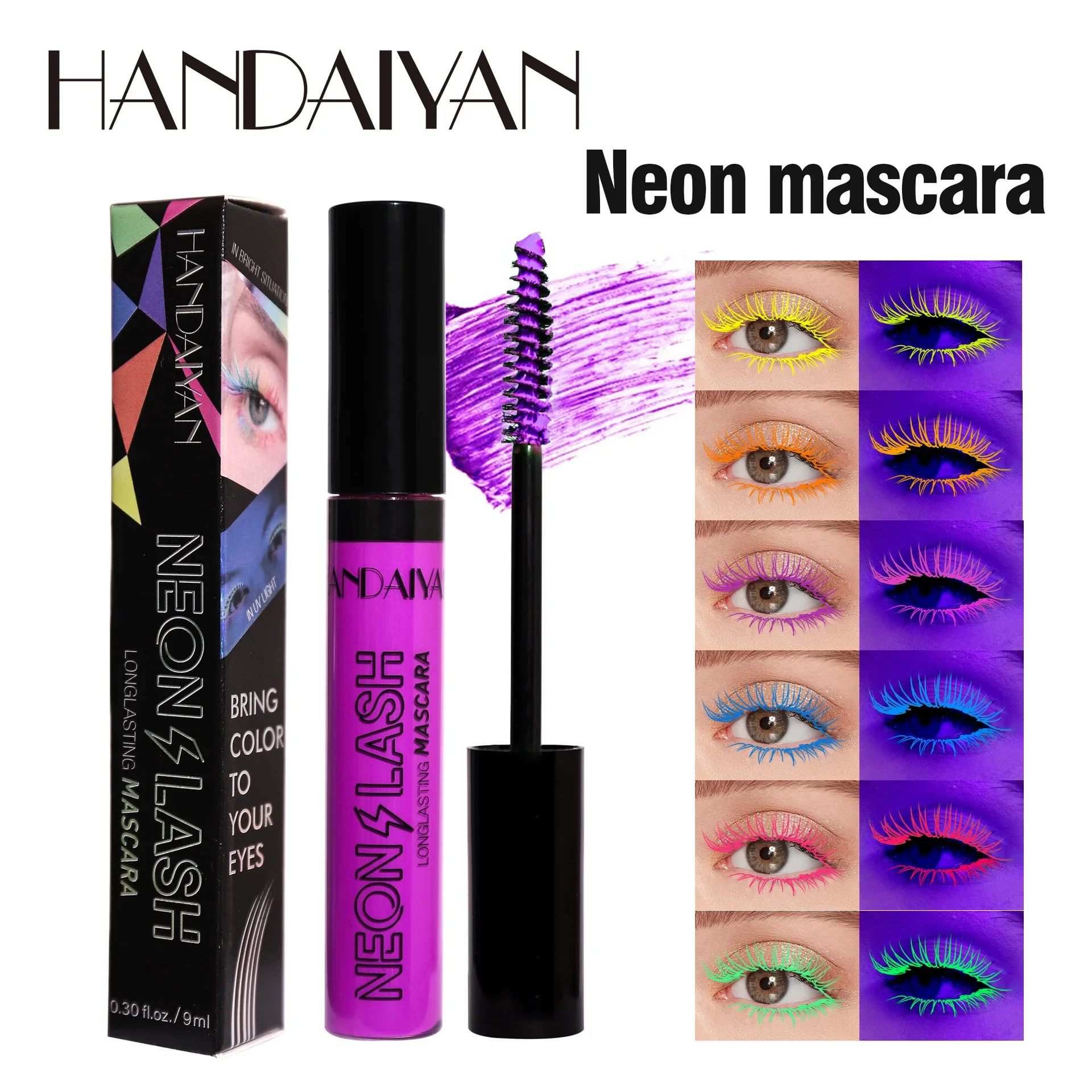 New 6 Color Fluorescence Mascara Waterproof Long Lasting Curly Eyelashes Fashion Party Festivals Colorful Neon Light Mascara 9ml