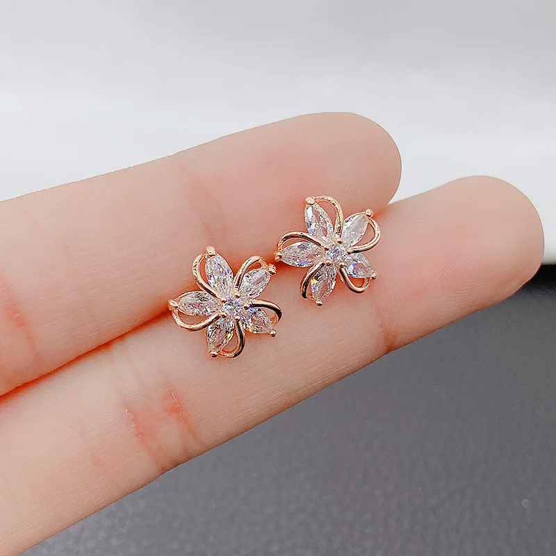 Delicate Gold Color Flower Stud Earrings with Tiny Zircon Paved Shiny Petal Earring for Women Cute Girls Lady Dangler Jewelry