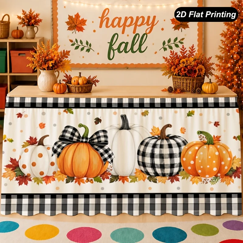 One-piece 2D flat autumn table flag with pumpkin buffalo pattern tablecloth, suitable for family kitchen for Thanksgiving Day