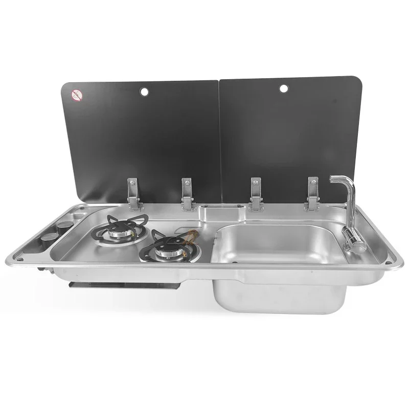 Estufa de Gas RV, fregadero rectangular de acero inoxidable de dos quemadores combinado con 2 tapas de vidrio, 2,2 kW, 0,8 MM de espesor para cocina de coche