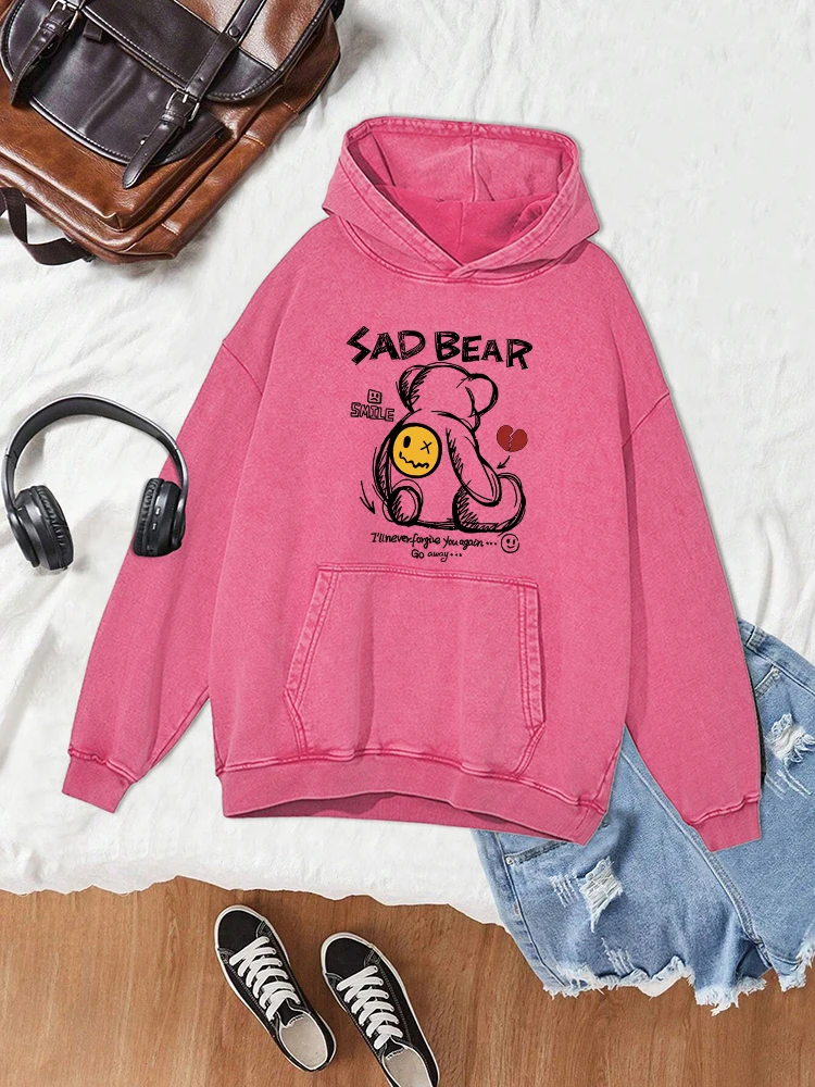 Sad Bear Cartoon Bear Print Distressed Washed Cotton Hoodie Men  Simple Loose Clothing Fashion Versatile Warm Autumn Hoodies