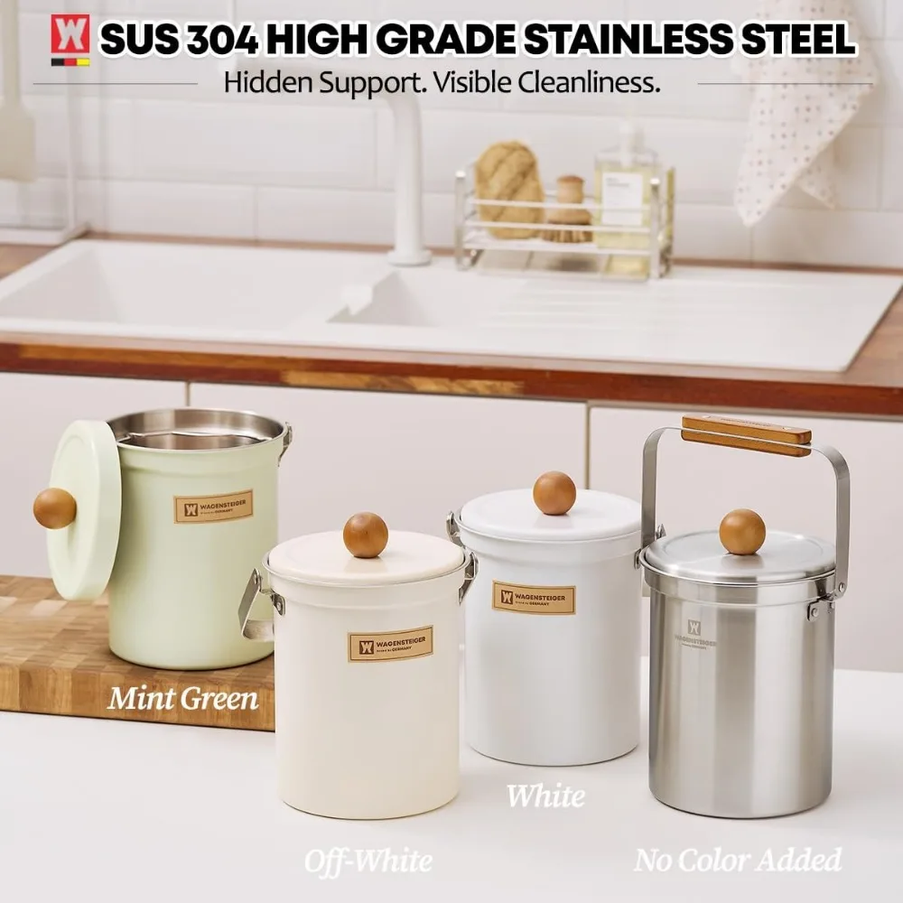 3L Stainless Steel Compost Bin with Airtight Lid, Odor-Free Kitchen Countertop Trash Can, Wooden Handle Design