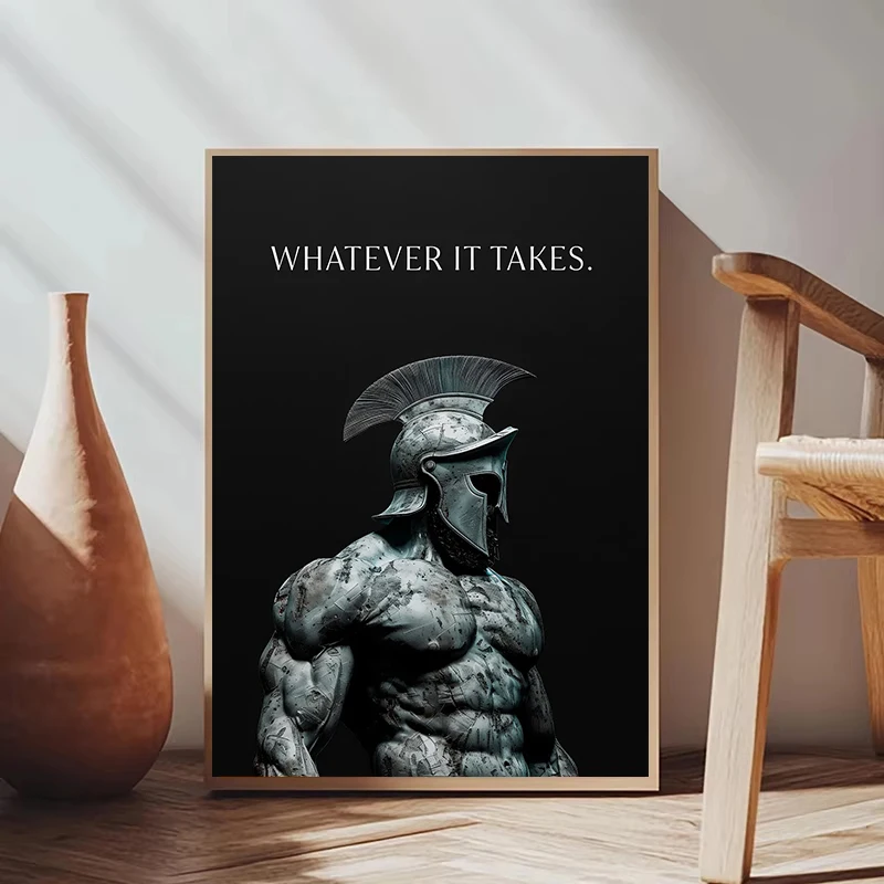 Statue, sculpture, affiche, toile, peinture ou impression sur toile avec citation de motivation et mentalité de conquérant : Guerrier Spartan, pour décoration de salon et de maison