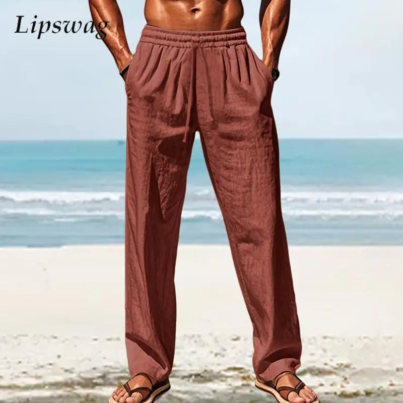 

Мужские брюки для отдыха на берегу моря, весна-осень 2024, модные однотонные льняные брюки, винтажные мужские брюки на шнурке
