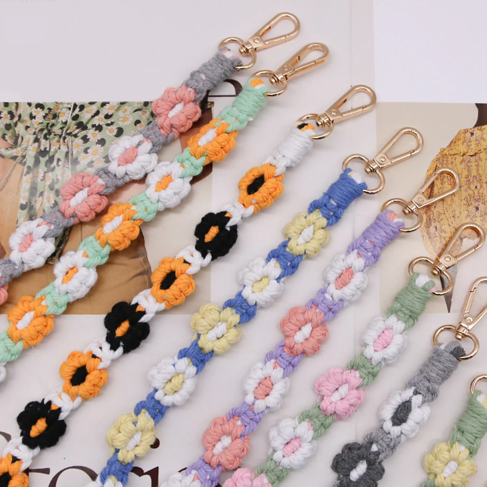 Flower Woven Mobile Phone Lanyard Charms Detachable 130cm Boho Oblique Cross Rope Macrame Key Chain Lanyard for Phone Keys