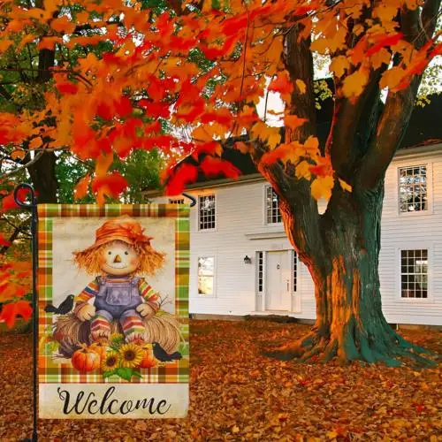 Welcome Fall Garden Flag, Scarecrow and Pumpkins Seasonal Flag for Yard outside