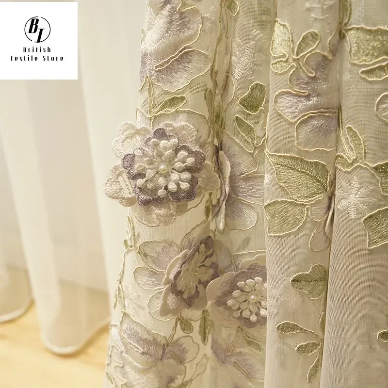 European Luxury Rose Flower Embossed Embroidery Tull Curtains for Living Room Bedroom Dining Sheer Bead Curtain Romantic Classic