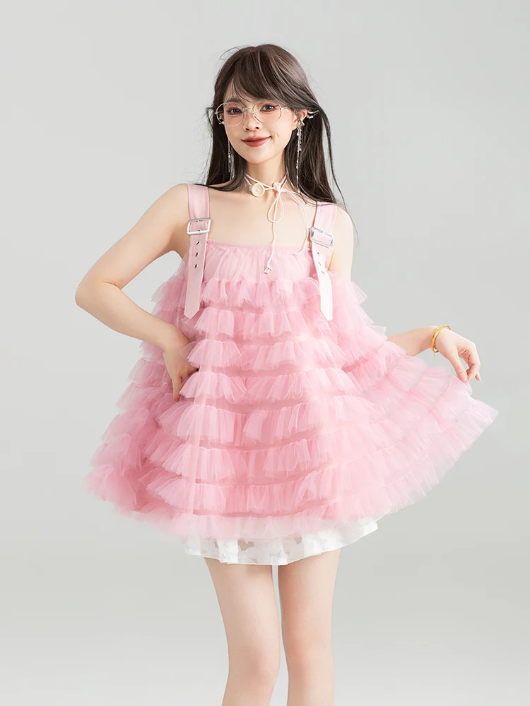 Estilo japonês doce kawaii rosa malha alças fofas mini vestidos soltos versáteis linha a babados em camadas vestido curto feminino verão
