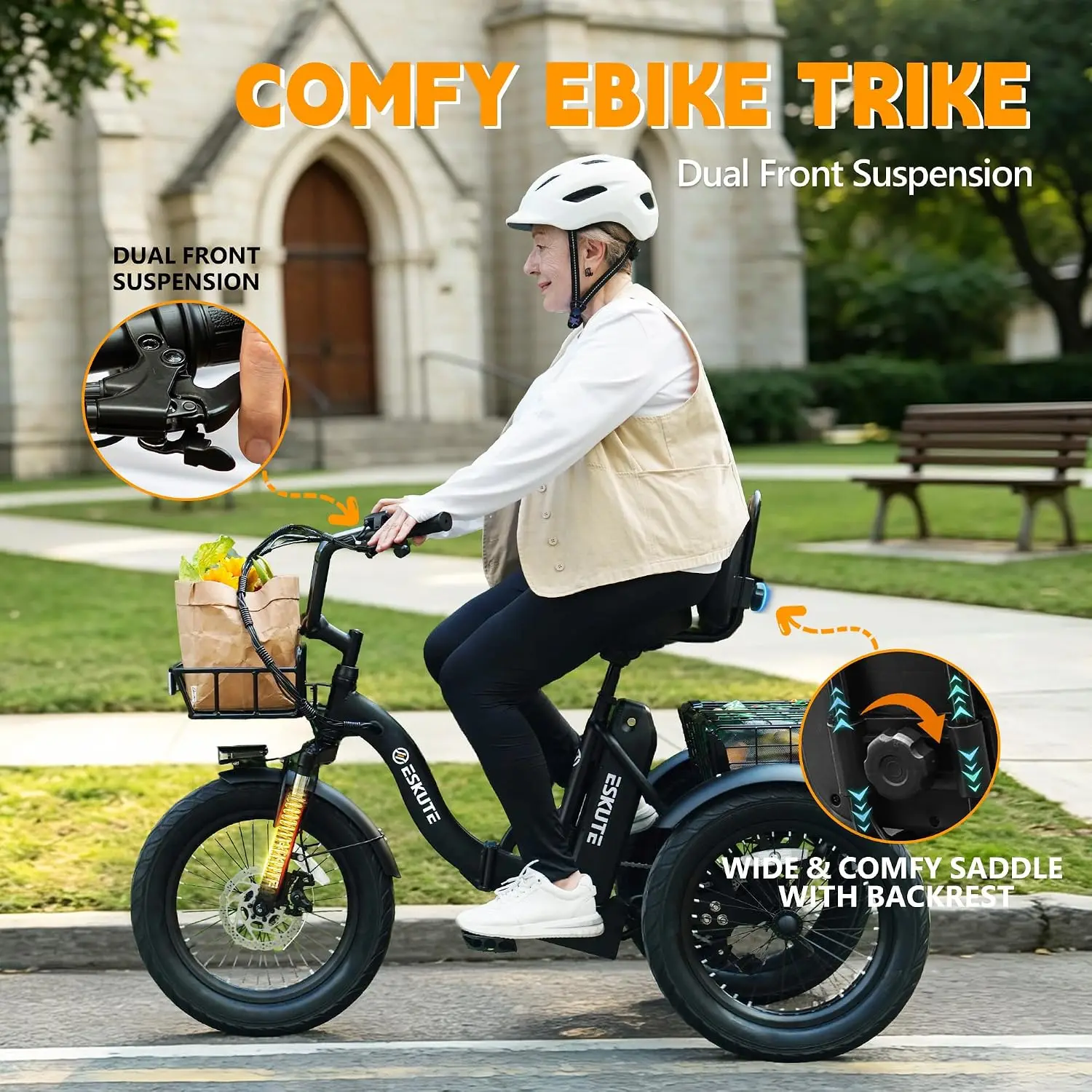 T300 Electric Tricycle for Adults, Peak 1200W Motor Folding E-Trike, 48V 13Ah Battery, 18" x 3.0" Fat Tire 3-Wheel, Customized - view 4
