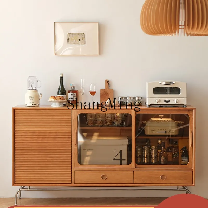 

FG solid wood dining side cabinet household living room multi-functional storage small apartment simple glass stainless steel