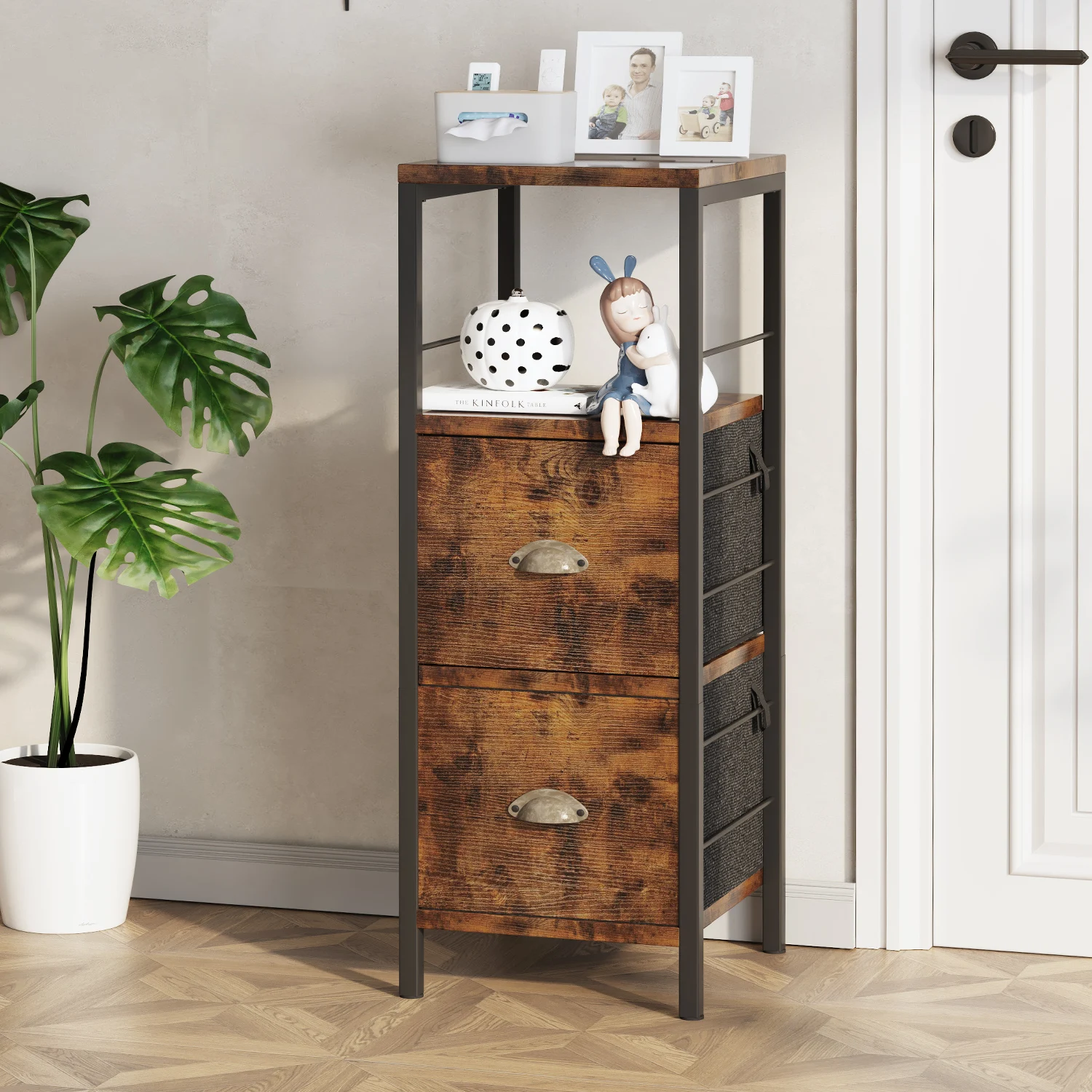 

Тумбочка с двумя тканевыми глубокими ящиками, прикроватная тумбочка, торцевой столик с открытой деревянной полкой, боковой диван-стол для спальни