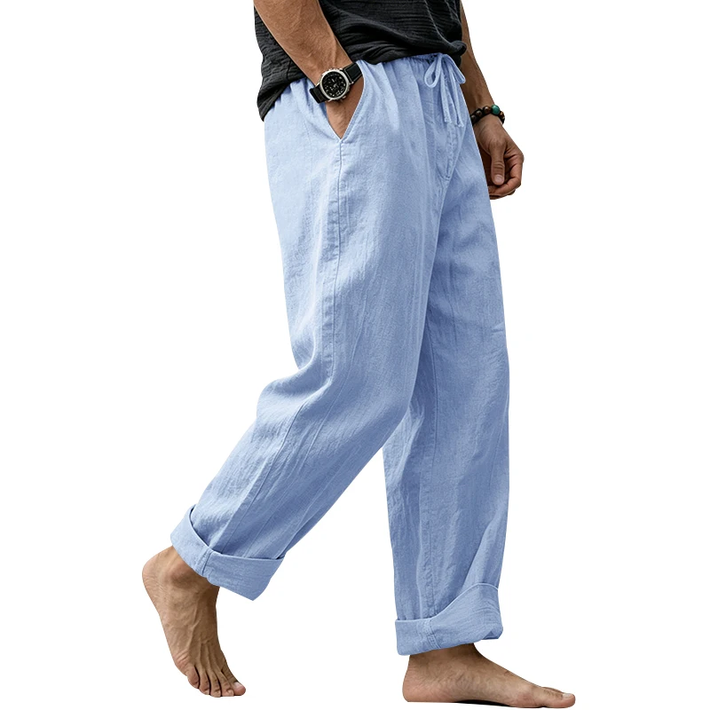 Sommerliche Herren-Leinenhose, Lässige Hawaiian-Hose mit Elastischem Kordelzug, Atmungsaktive Gerade Lange Hose mit Taschen für Alltag und Zuhause – Detail 30