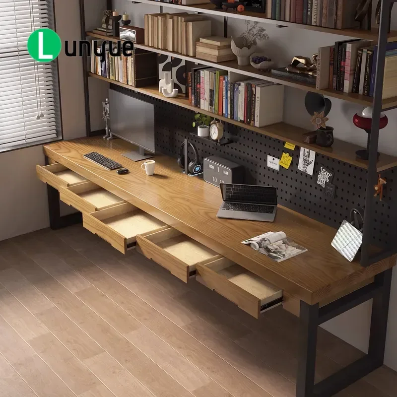 Nail-free wall Solid wood desk Bookshelf Bookcase Integrated double study table Home computer Desktop table Long workbench