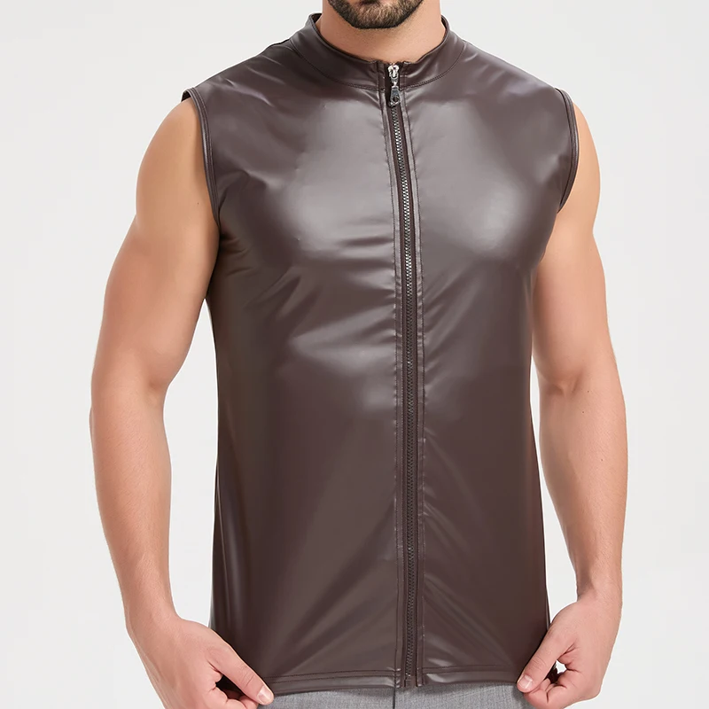 Muscular Men's Leather Vest Elastic PU Leather Tank Tops Fashion Hot Tees Biker Streetwear Superior Quality