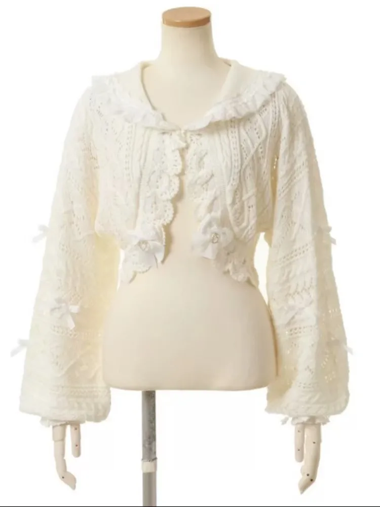 Chemise à manches longues avec nœud en dentelle, style Mine japonais, doux et mignon, col marin, cardigan court tricoté, taille haute, jupe trapèze, ensemble pour femmes