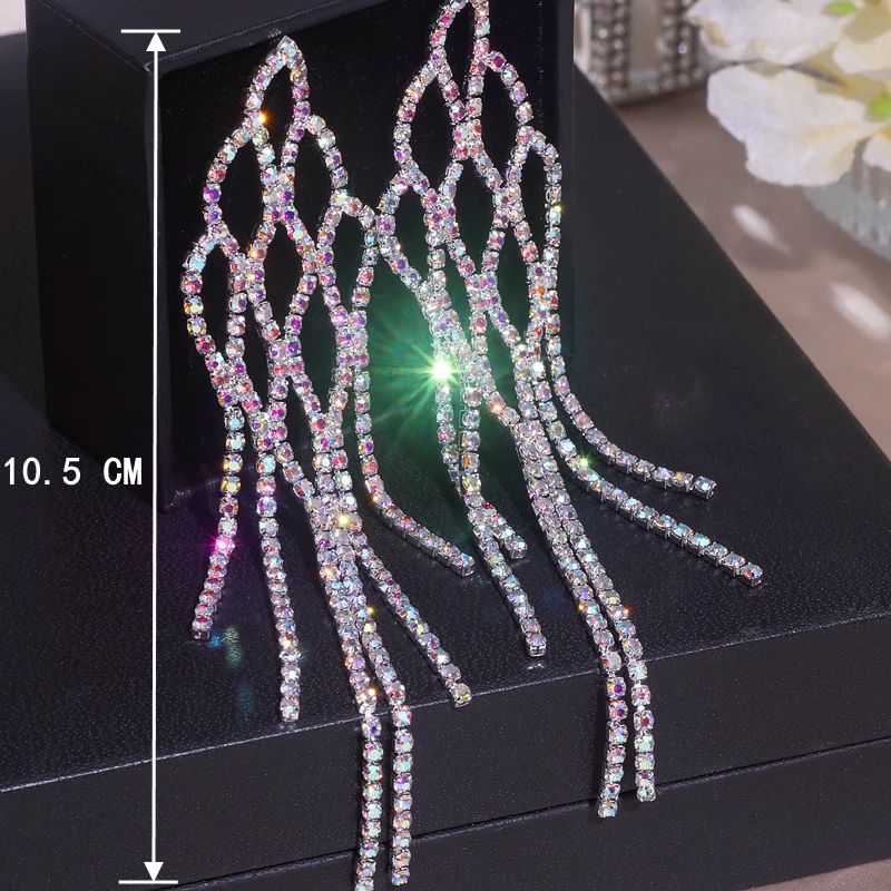 Classic Ladies Crystal Earrings Fashion Long Tassel Earrings for Women Bijoux Rhinestone Drop Dangle Earrings Party Jewelry Gift