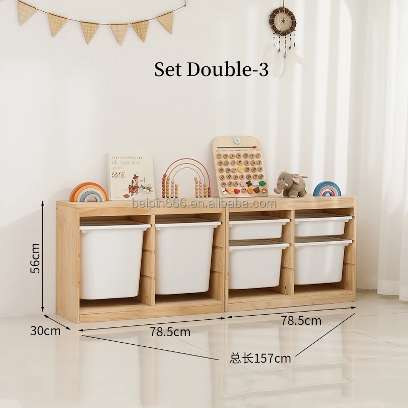 Stocked Storage Cabinet Custom Kids Furniture Toys Storage Children Cupboard Pine Wood Modern School Clothes Preschool Furniture
