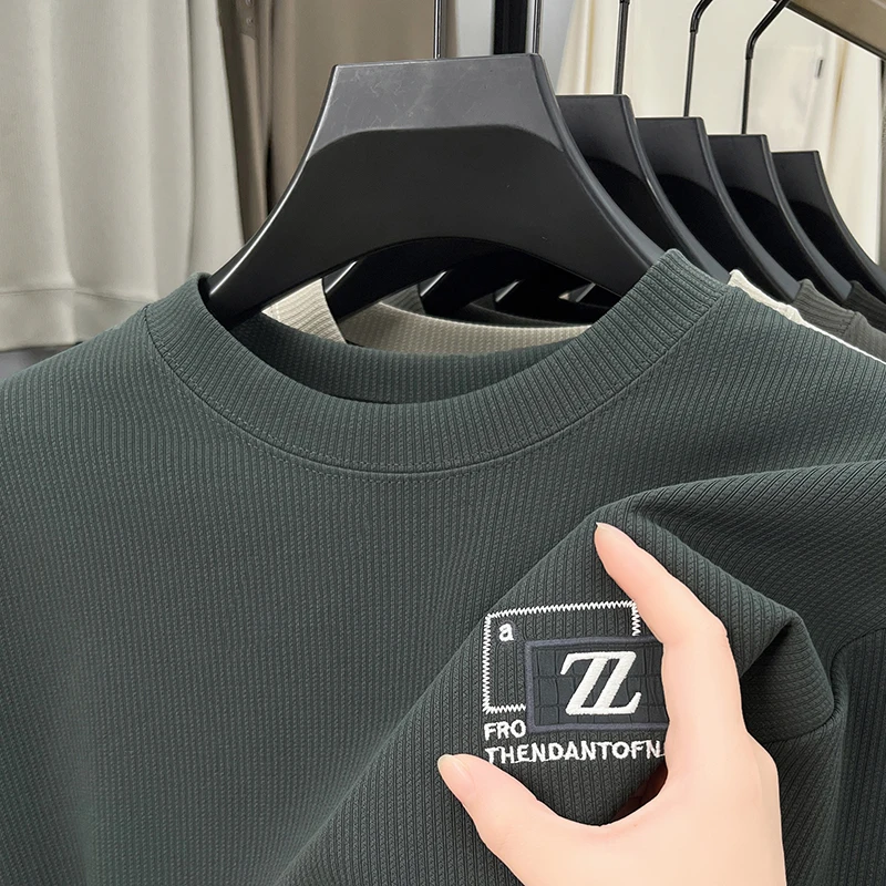 الرجال الفاخرة المطرزة تي شيرت مطبوع الراقية العلامة التجارية الخريف الأعمال عادية موضة تنوعا كم طويل بلوزة مستديرة العنق الملابس الرجالية