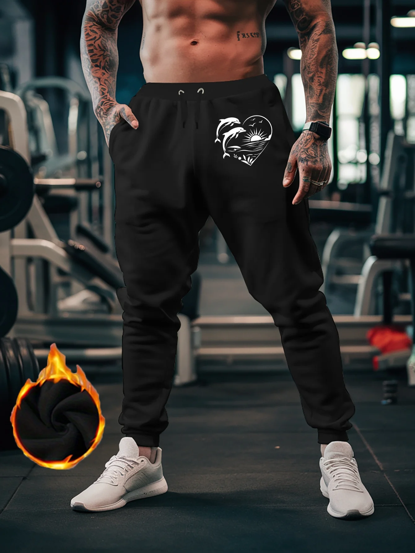 Line‑art‑style heart‑shape dolphin sunrise scenery graphic stylish tapered sweatpants men hip hop sports jogger trousers