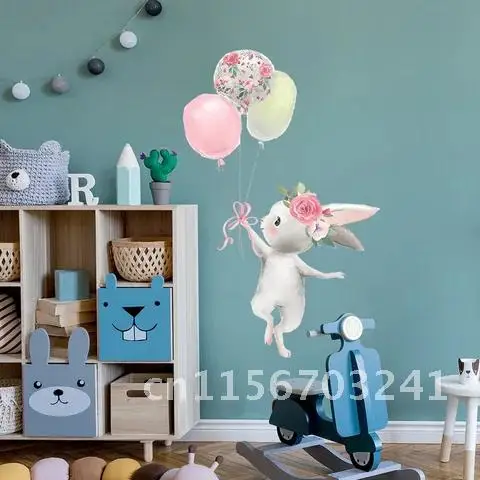 Adorable Bunny Balloon Play Wall Decal Bedroom Living Room Home Decor Kids Room Wallpaper Decoration Peelable Mural Stickers