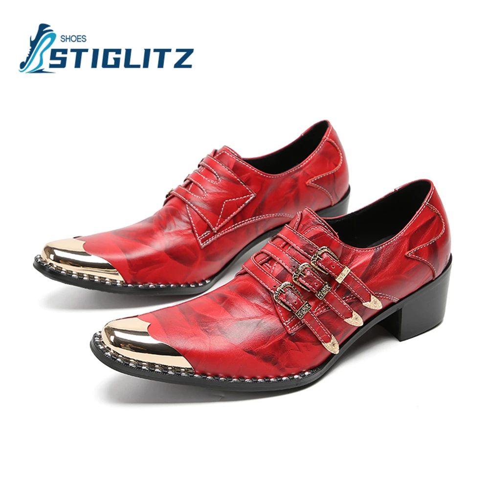 Zapatos de cuero genuino con hebillas de tres cinturones para hombre, mocasines Vintage, punta de Metal, tacón cuadrado, zapatos casuales Chelsea de