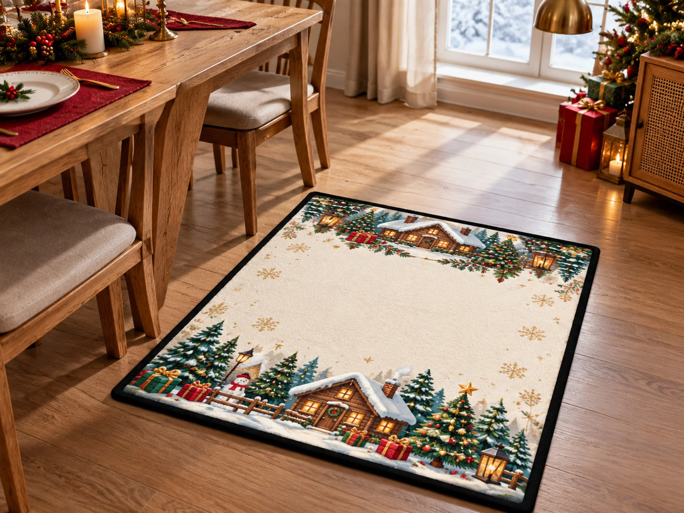 VIKAMA Christmas Green Gold House Flannel Door Mat, Quick Dry Non-Slip Floor Mat, Xmas Decor for Front Porch, Mudroom, Farmhouse