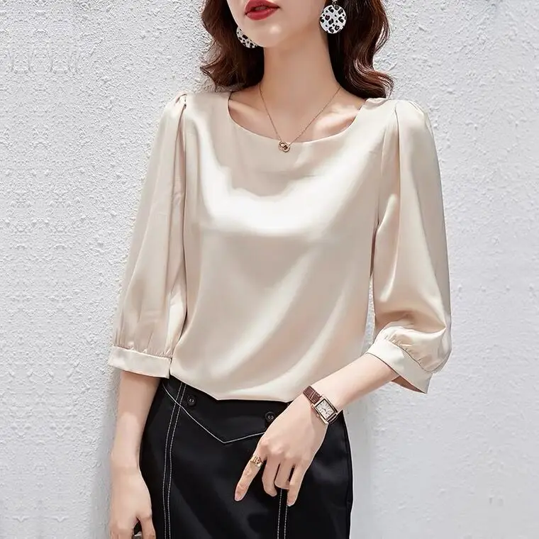 Elegant Satin three quarter Sleeve Blouses Women 2024 Vintage pink ice Silk Shirt Women Casual Loose lantern sleeve Tops