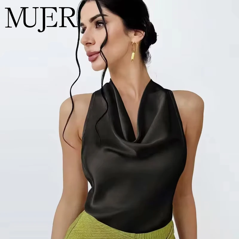 MUJER Schwarz Satin Neckholder Top Weibliche Sexy Rückenfreie Tops für Frauen Off Schulter Party Damen Tops Leibchen Tanks Camis Top Frau