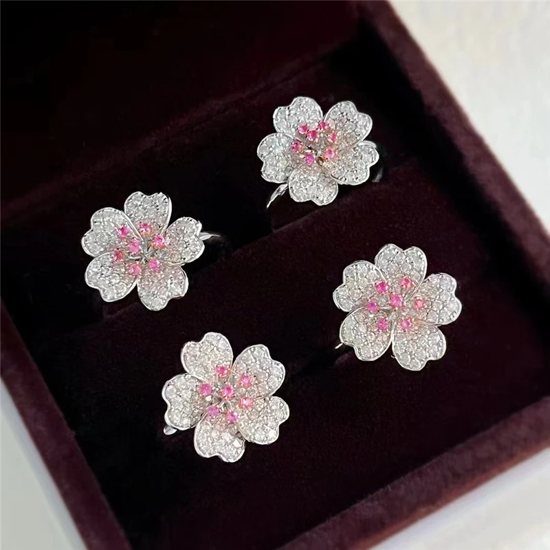 Elegant Temperament Flower Jewelry Sets for Women 925 Sterling Silver Cherry Blossom Noble Wedding Bridal Ring/Earring/Necklace