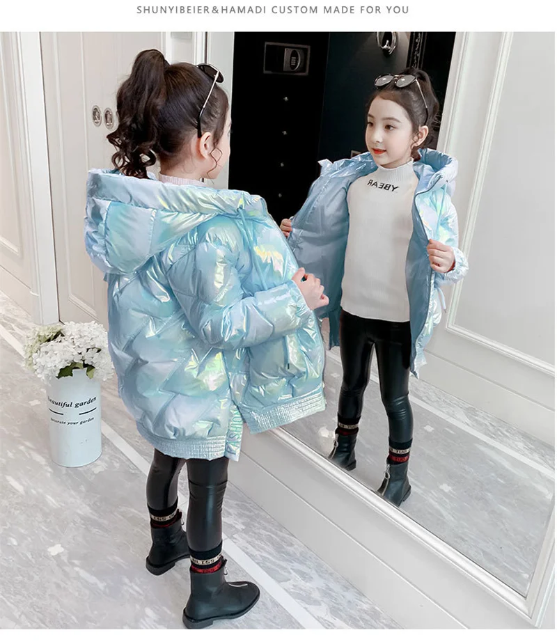 -30℃ Winter kids Jackets Girls Bright Thicken Cotton Clothes Big Children Hooded Plus Velvet Outerwear Freezing Resistance Parka