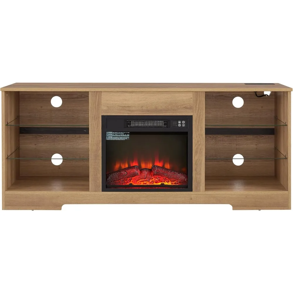 65インチテレビエンターテイメントセンター、電気暖炉、調節可能なLEDライト、収納棚付き