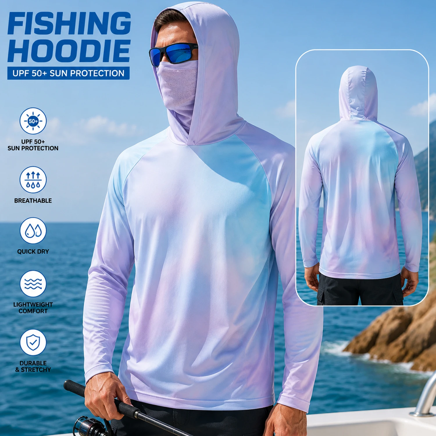 Men Hooded Fishing Shirt With Face Cover Blue‑Purple Tie‑Dye Print UPF50+ Sun Protection Quick‑Dry Outdoor Sports Tops
