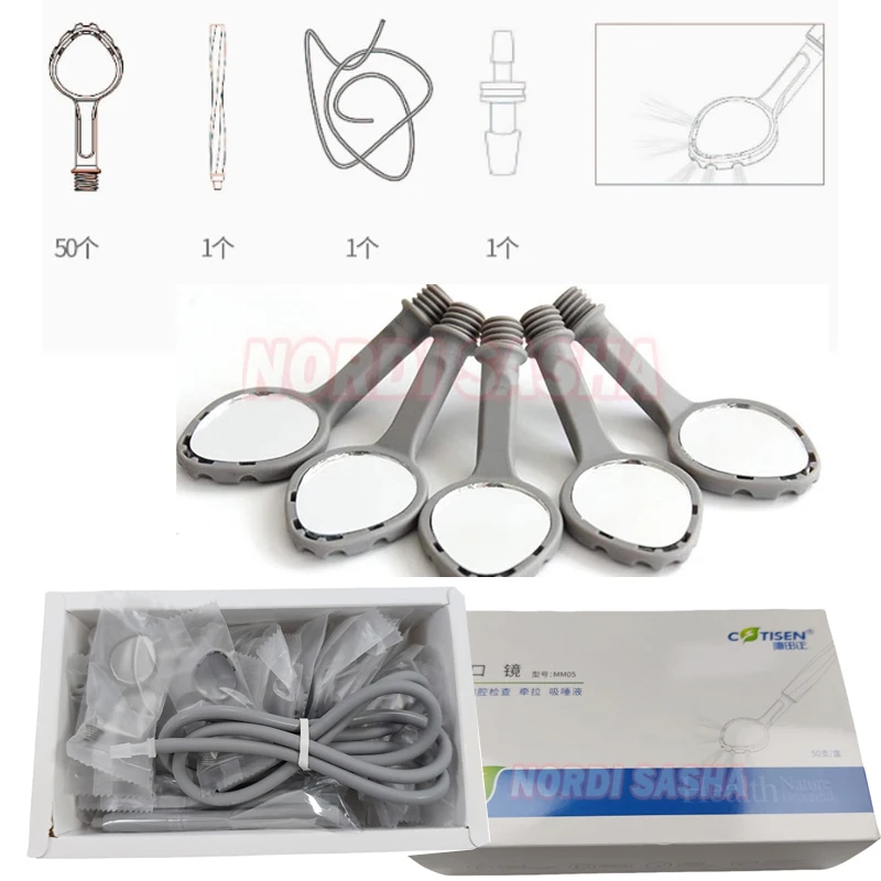 

50 шт./кор., набор стоматологических зеркал на всасывании, пластиковое противотуманное зеркало для рта + силиконовая трубка для эффективного удаления слюны, стерилизации