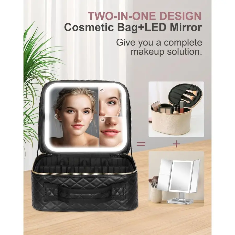 Tas met LED-verlichte spiegel Draagbare make-up organizer Treinkoffer met 2X 3X vergrotingsversterker 3-kleurenverlichting voor precisie, Adju