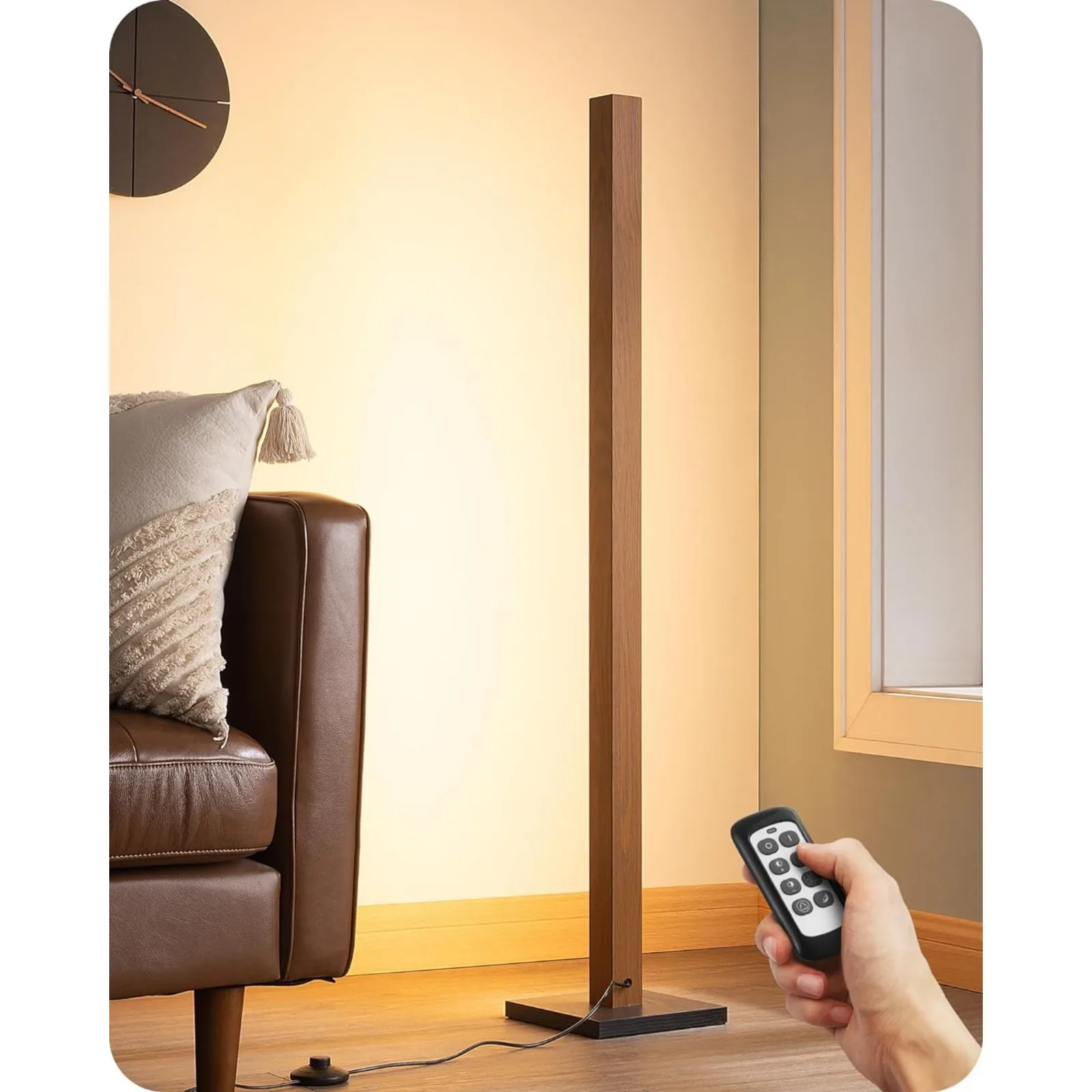 US Mid Century Modern Floor Lamp with Remote, Dimmable Wood LED Corner Light, Minimalist Standing Mood Lighting for Living Room