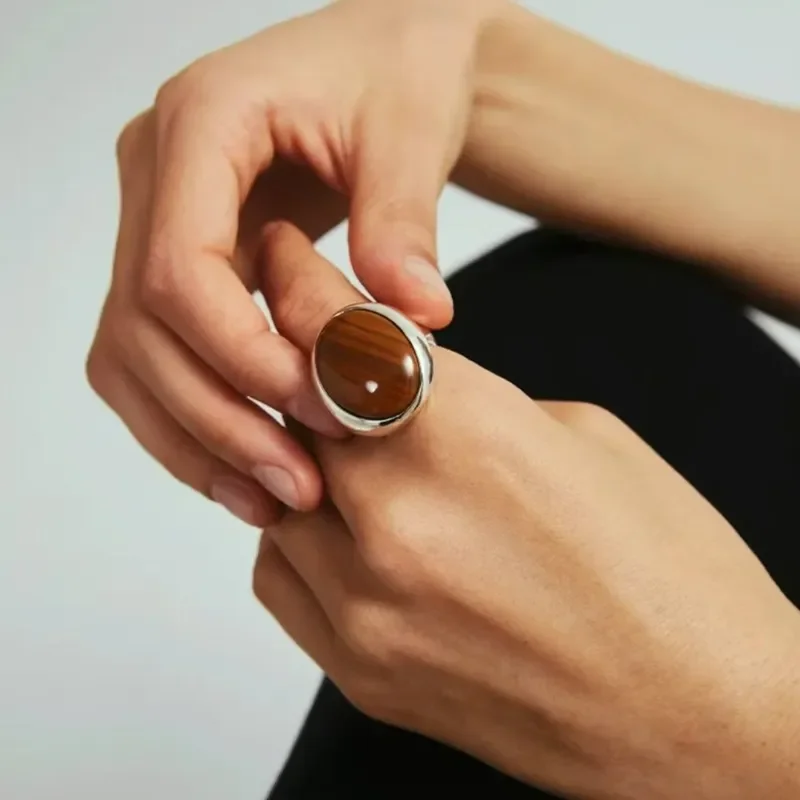 Sandalwood grain stone necklace French minimalist oval native wood grain stone stud earrings ring set egg surface retro ring