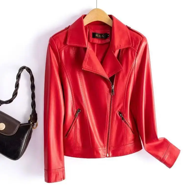 เสื้อโค้ทหนังเทียมผู้หญิง แจ็คเก็ตสีพื้น ปกพับ แขนยาว ซิป ทรงหลวม สไตล์มอเตอร์ไซค์ สตรีทแวร์ ฤดูใบไม้ผลิ ฤดูใบไม้ร่วง 2025