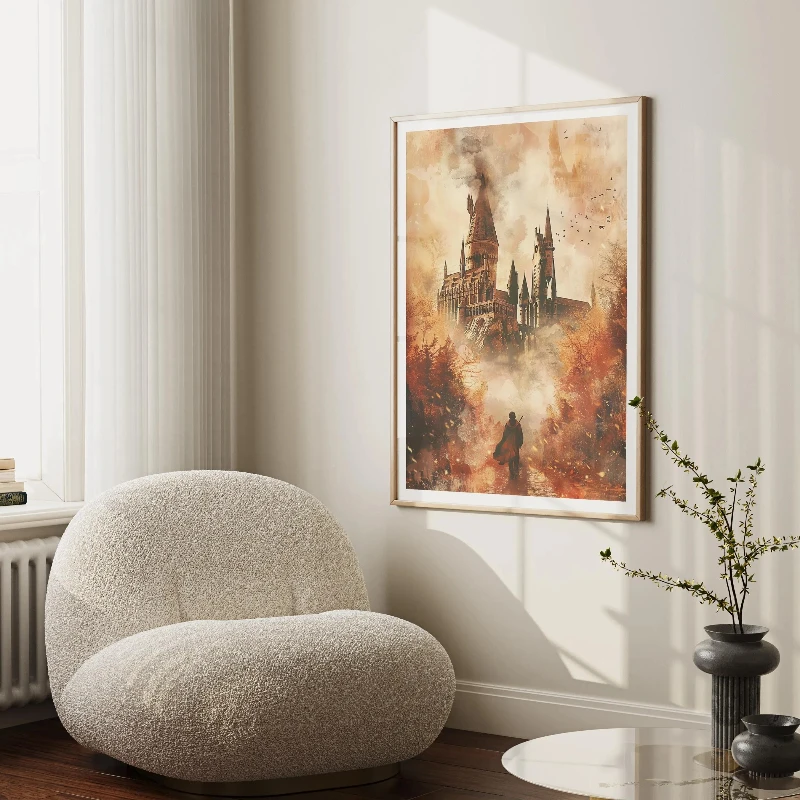 Poster da mago autunnale di Halloween da 3 pezzi, arte da parete con gufo del treno del castello magico, arredamento della stanza fantasy, set di stampa per la scuola materna autunnale, arte del mago