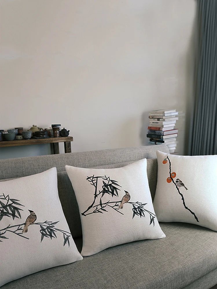 

Hand Embroidered Thick Cotton Linen Pillow Home Decor New Chinese Style Zen Tea Room Homestay Square Pillow Case Removable Wash