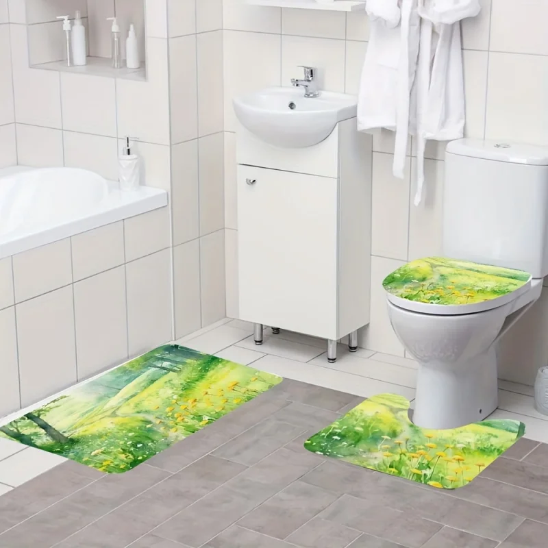 3-piece floral bath set-anti-slip absorbent bathroom rugs, U-shaped mat, toilet lid cover, soft comfort, quick-dry,