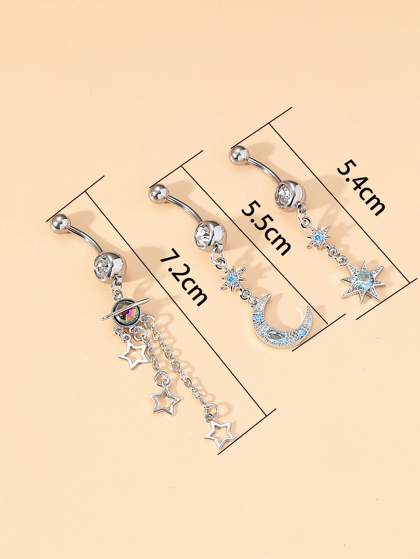 3er-Set gemischte Bauchnabelringe mit Herz- und Sternanhängern, 14G Edelstahl, gebogene Zirkonia-Bauchnabelpiercings, Nombril Nabelring – Detail 27